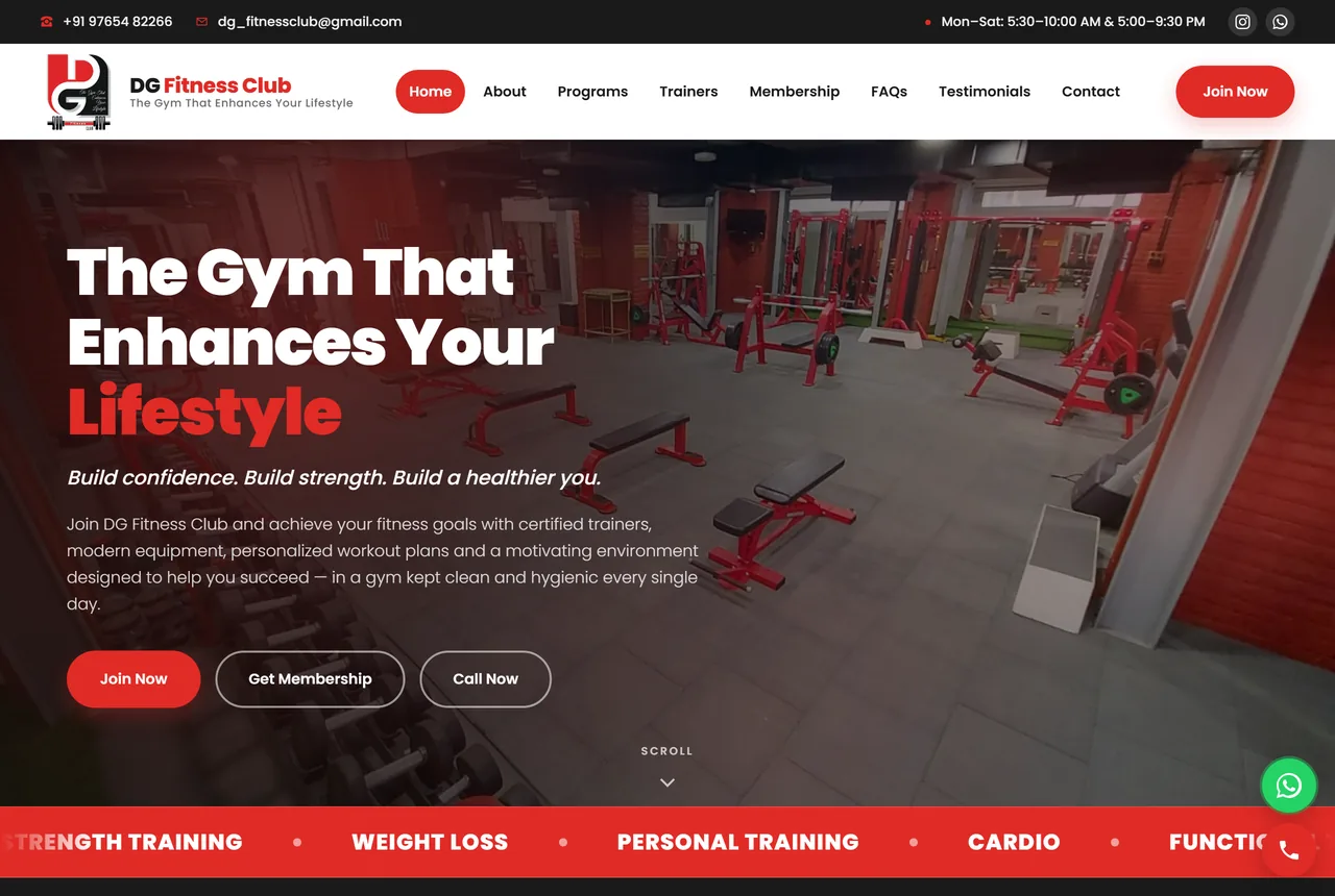 The DG Fitness Club homepage: a full-width gym photo behind the headline The Gym That Enhances Your Lifestyle.