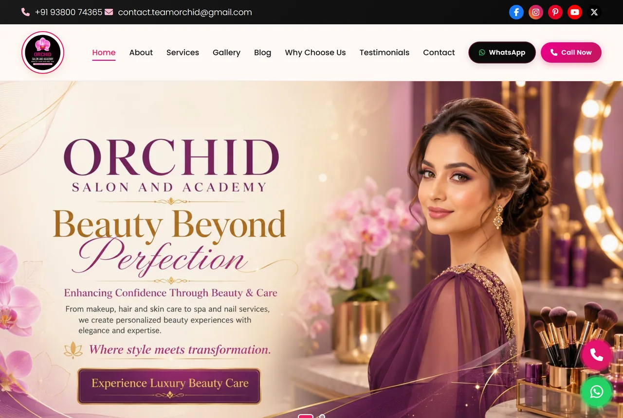 The Orchid Salon and Academy homepage: a gold and plum hero reading Beauty Beyond Perfection.